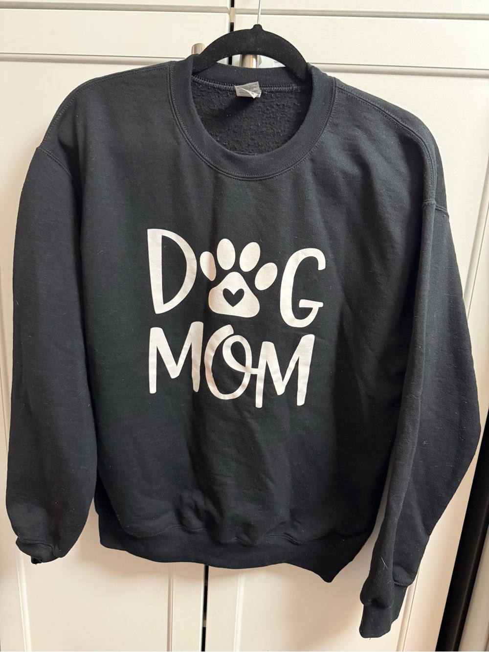 Gildan Black Crewneck Sweatshirt with White "Dog Mom" Paw Graphic